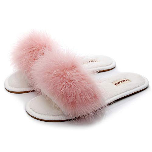 FAYUEKEY Real Fur Slippers for Women Summer Autumn Fluffy Furry Soft Plush Open Toe Slides Flats Shoes (Pink, numeric_4) | Amazon (US)