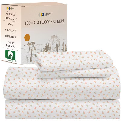 Printed Chic Floral Queen Bed Sheets Set - Soft 100% Cotton - Cool, Durable Sateen with Deep Pockets - Queen | Target