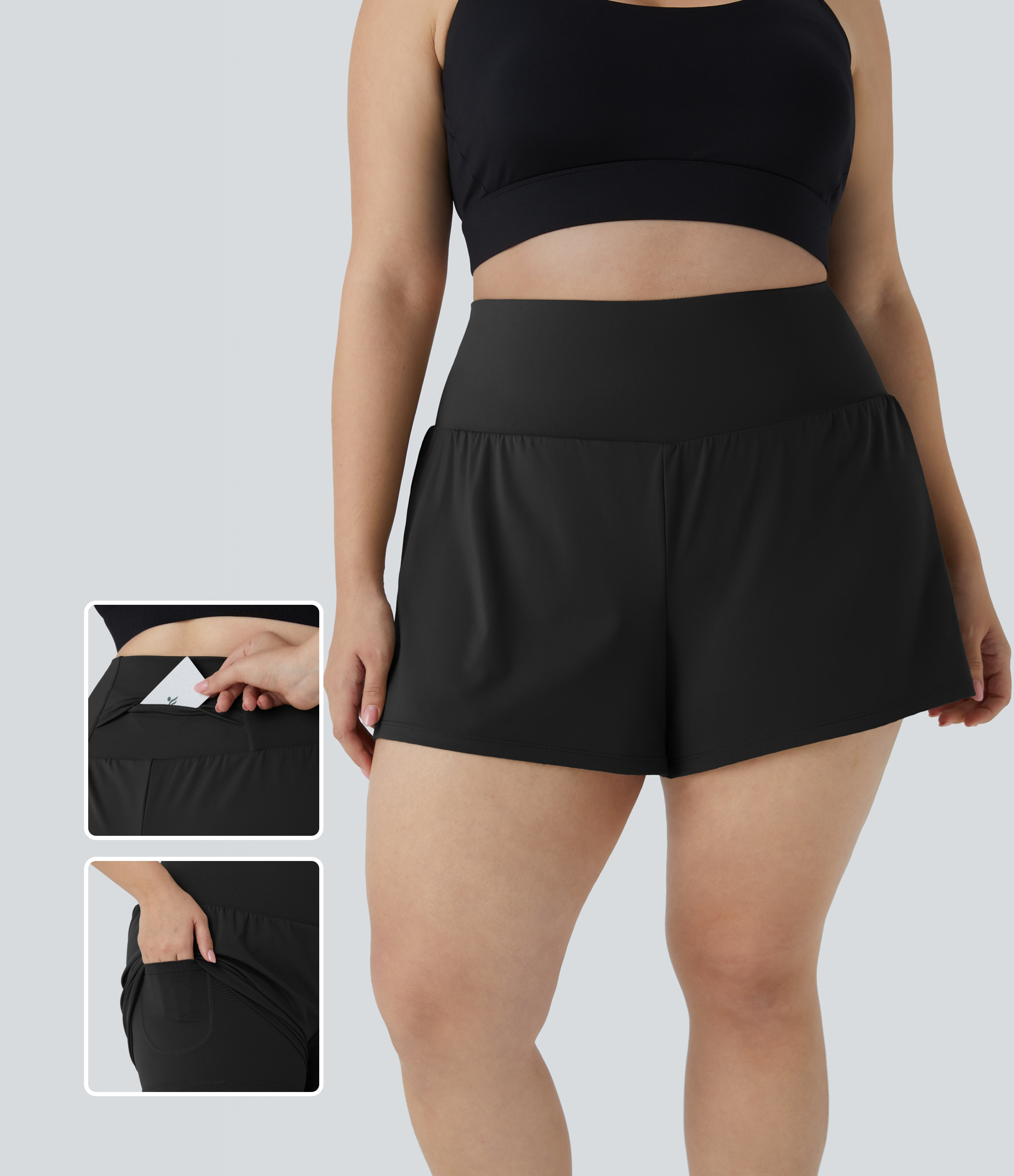 Halara Back Pocket Plus Side Hidden Pocket 2-in-1 Gym Plus Size Shorts 2.5'' Gym Short - Black - 2X booty shorts compression shorts | HALARA