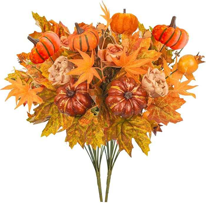 Artificial Fall Flowers Stems, Faux Autumn Leaves Stems with Roses Pumpkins Maple,Fake Flowers Bo... | Amazon (US)