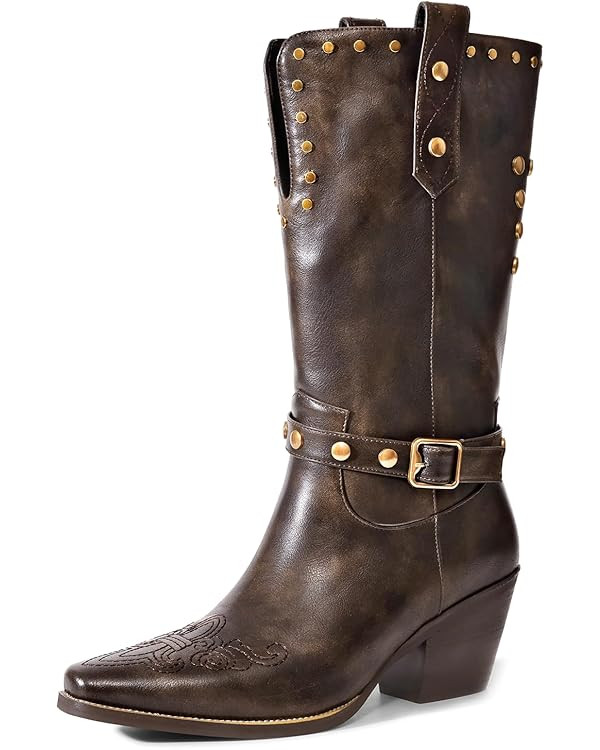 Womens Cowboy Cowgirl Boots Wide Mid Calf Square Toe Riding Boots Block Chunky Heel Low Heel Dist... | Amazon (US)