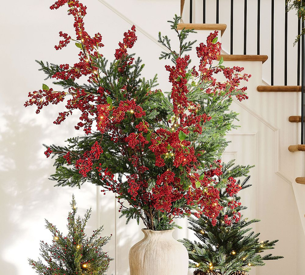 Faux Lit Draping Red Berry Branch | Pottery Barn (US)