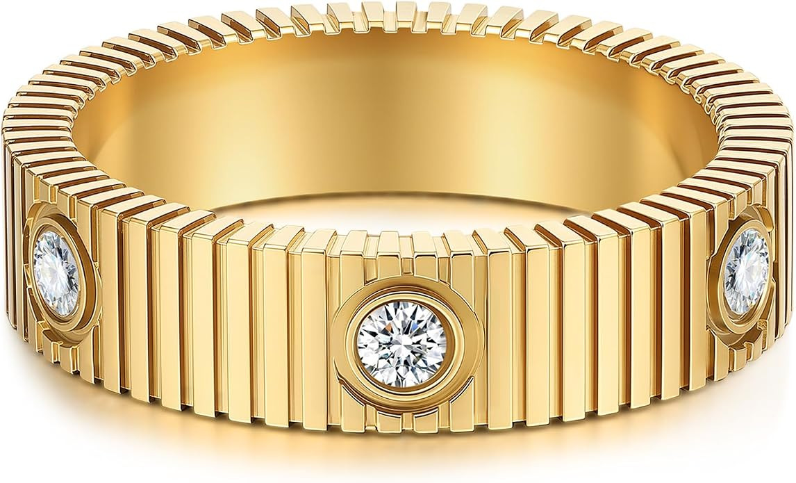 PDWZNBA Mothers Day Gifts for Mom Linear Stripe Textured Ring | 14K Gold-Plated Stainless Steel P... | Amazon (US)