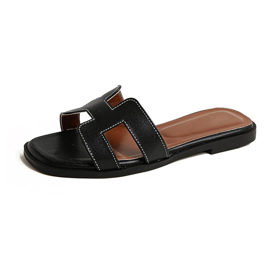 H Flat Slide Sandals for Women Non Slip Square Open Toe Fashion Slides Slip On Leather Slide Sand... | Amazon (US)