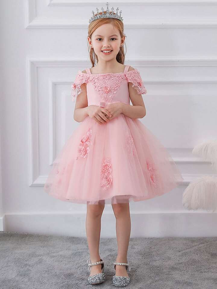Girls' Fancy Dress With Solid Color Tulle & Satin Fluffy Skirt, Suitable For Catwalk And School P... | SHEIN