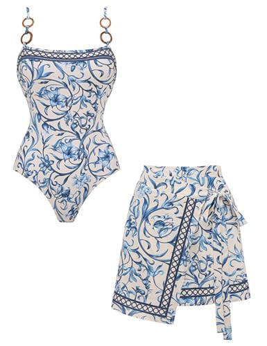 FLAXMAKER Women's One Piece Sling Classic Majolica Adjustable Bathing Suits Back Lace up Swimsuit with Skirt/Shorts(Blue Shorts,M) | Amazon (US)