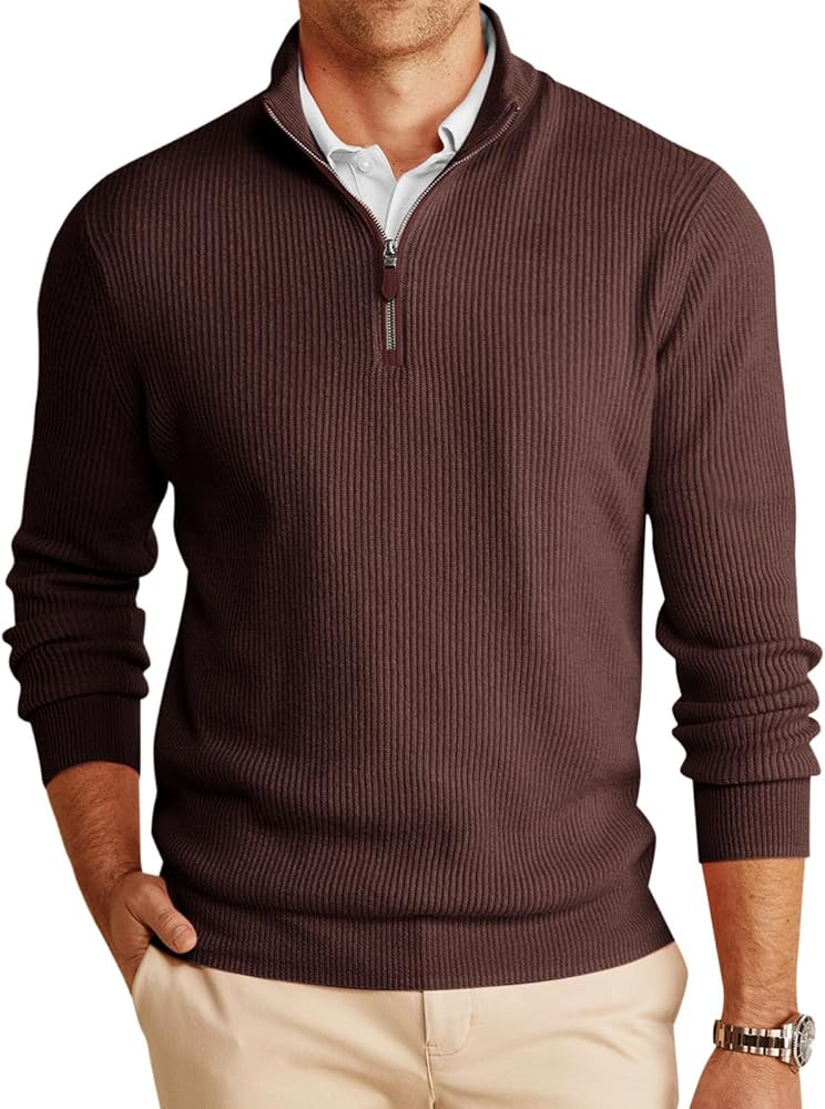 Runcati Mens Quarter-Zip Pullover Sweater Casual Mock Neck Winter Warm Ribbed Polo Sweaters | Amazon (US)