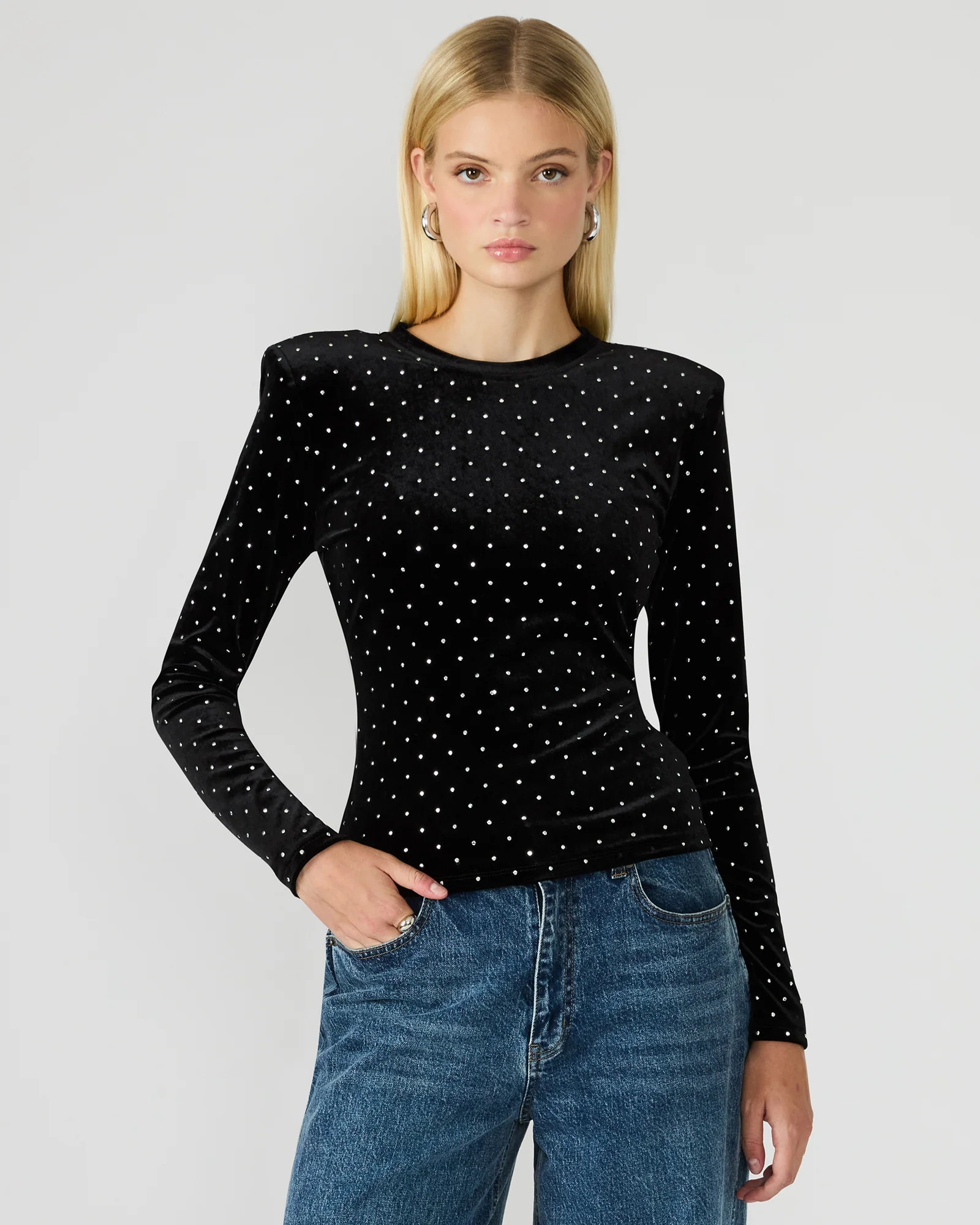 Steve Madden Women's Madilyn Studded Velvet Top Long Sleeve Tops - Black - Size Large - Polyester | Steve Madden (US)
