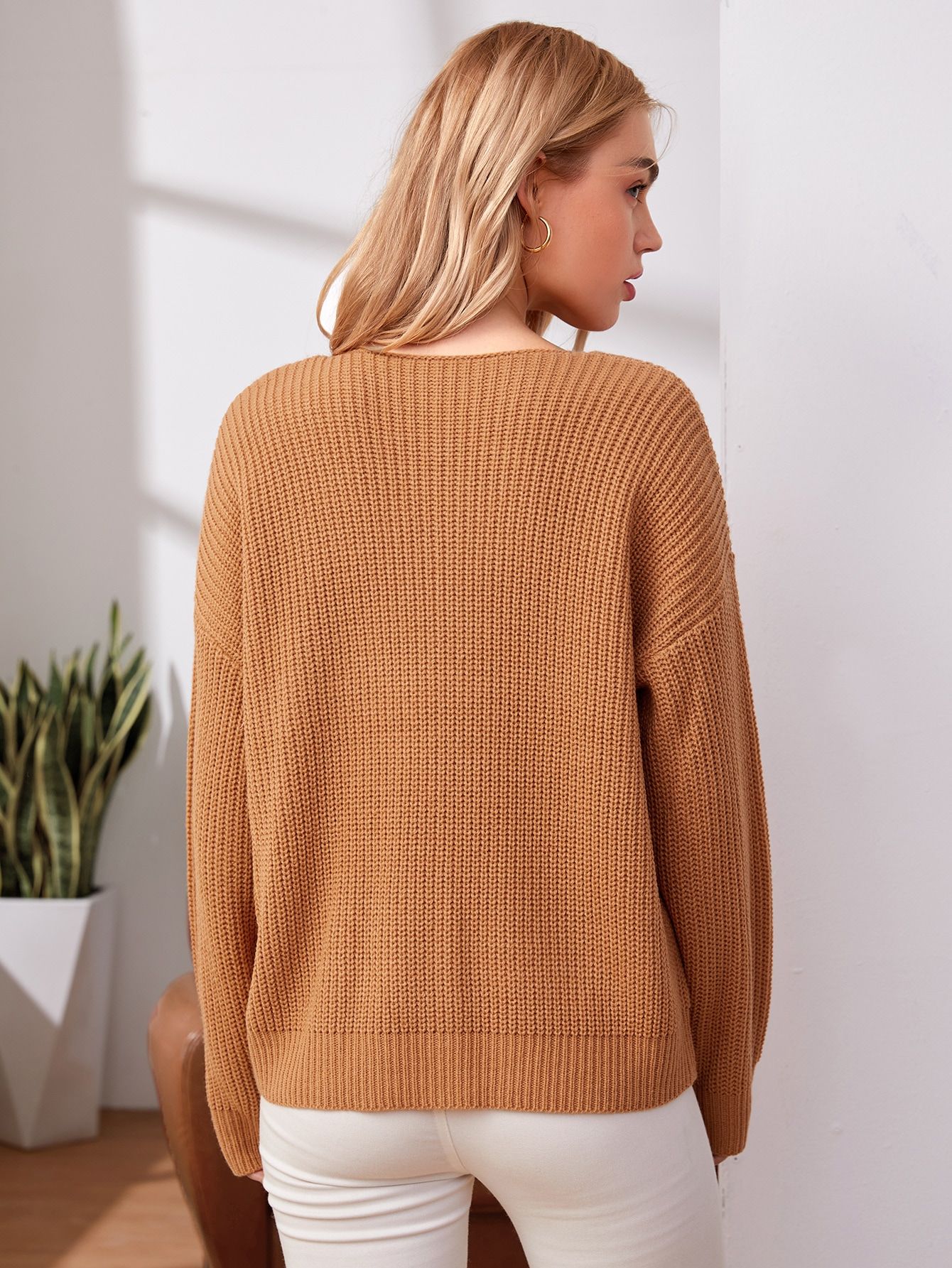V Neck Drop Shoulder Sweater | SHEIN