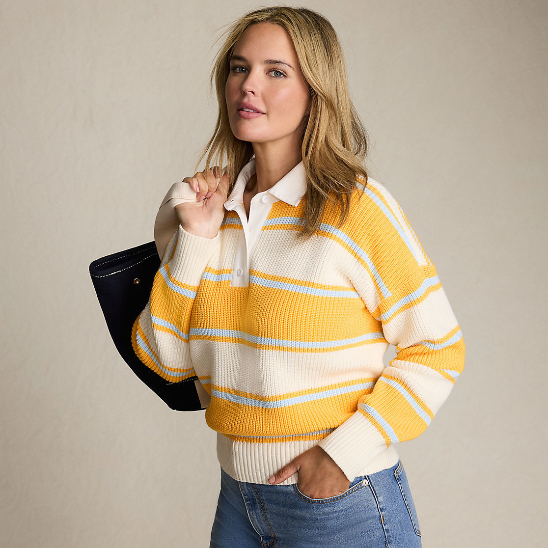 Women's Plus Size Drifter Rugby with Woven Collar Sweater | Lands' End (US)