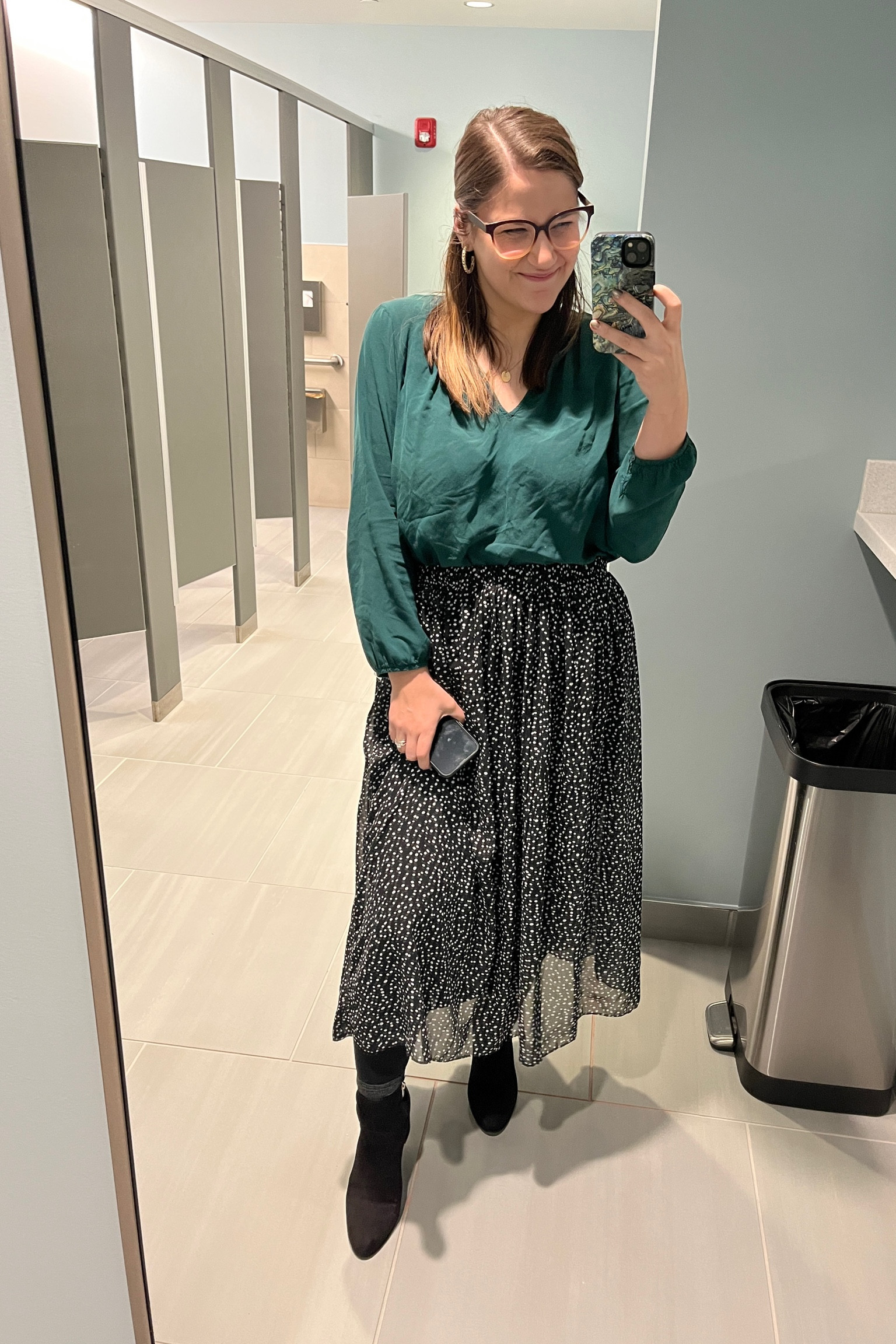 Midsize work outfit inspo | blouse: size L, Old Navy | skirt: size L, TJ Maxx | boots: size 10, Marc Fischer, TJ Maxx | glasses: Zenni | emerald green, office outfit, midsize style

#LTKworkwear #LTKmidsize #LTKplussize