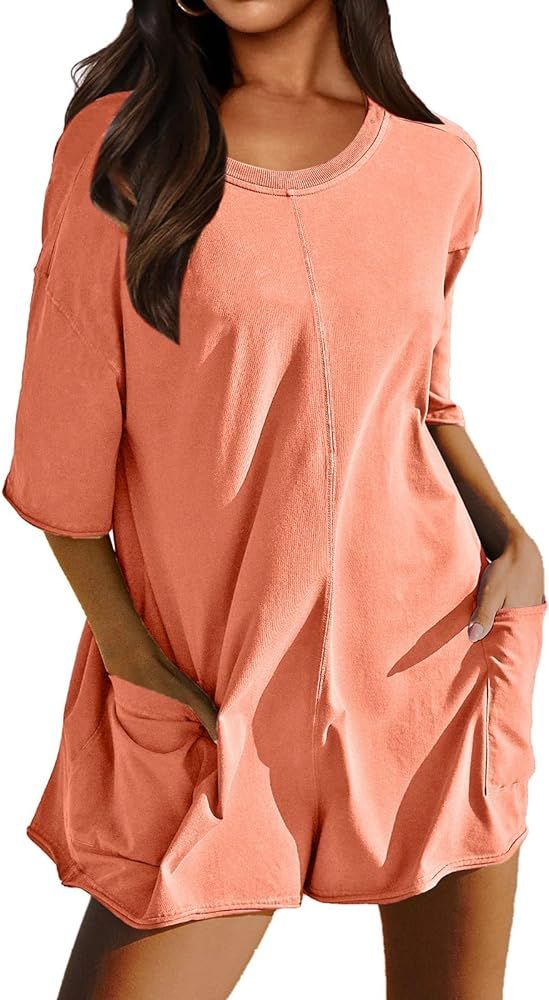 Womens Athletic Oversized Tee Romper Back V Neck Half Sleeve Onesie Romper Workout Overalls With ... | Amazon (US)