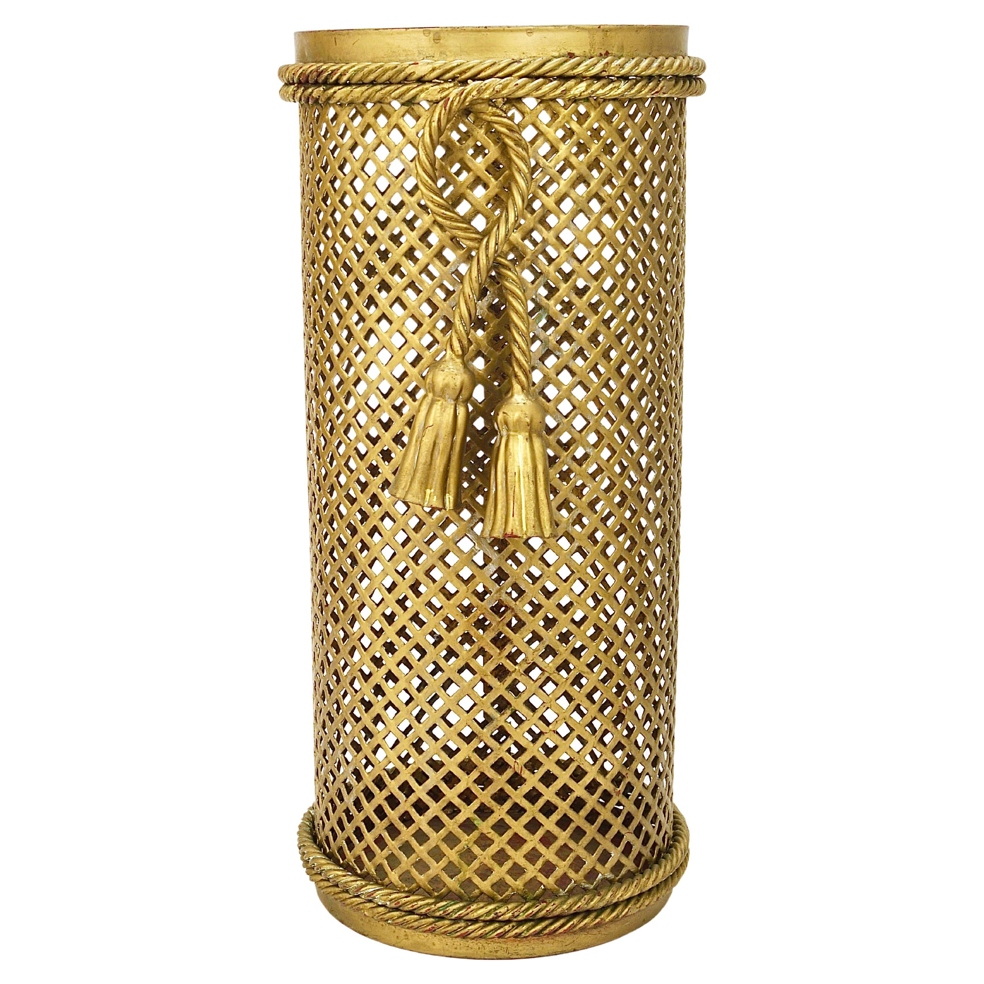 Hollywood Regency Gilt Metal Rope & Tassel Umbrella Stand, Li Puma Firenze, 1950 | 1stDibs