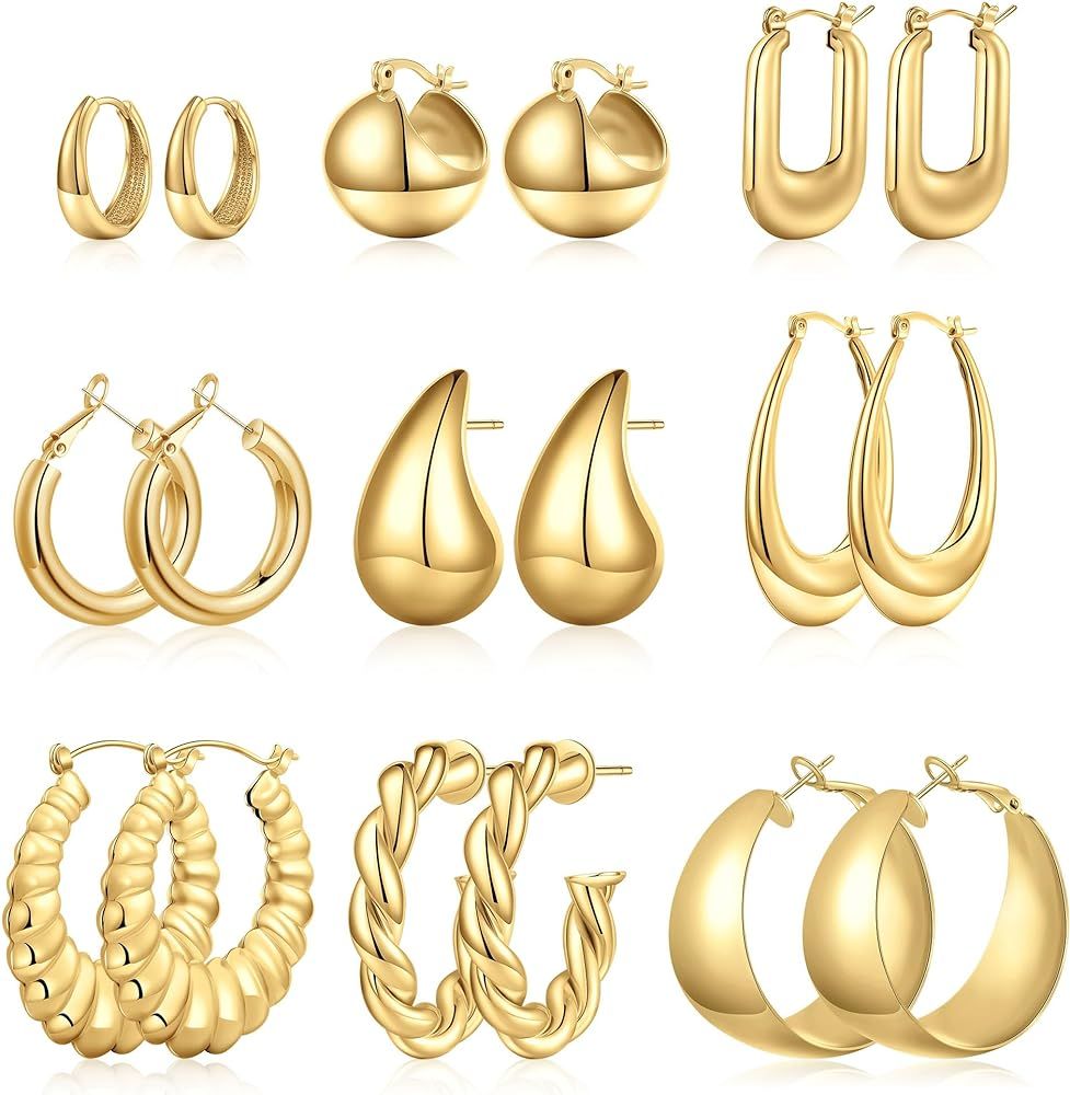 Gold Hoop Earrings for Women Trendy - 3/6/9 Pairs Chunky Thick Gold Hoop Earrings Set for Women G... | Amazon (US)