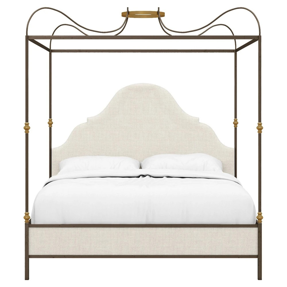 Beatrice Updated Traditional Beige Performance Bronze Iron Canopy Bed - King | Kathy Kuo Home