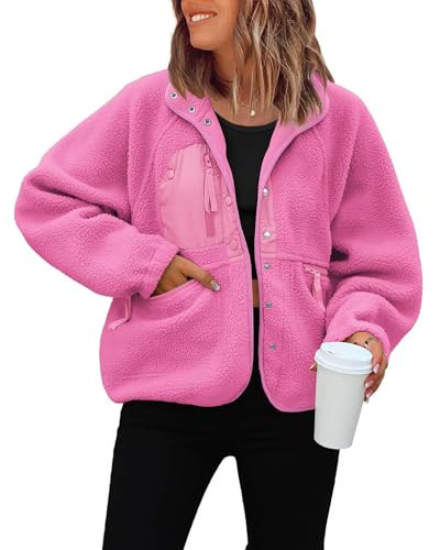 ReachMe Womens Sherpa Jacket Casual Lapel Button Down Cropped Fuzzy Fleece Jackets Long Sleeve Winter Coats with Pockets(Hot Pink,M) | Amazon (US)