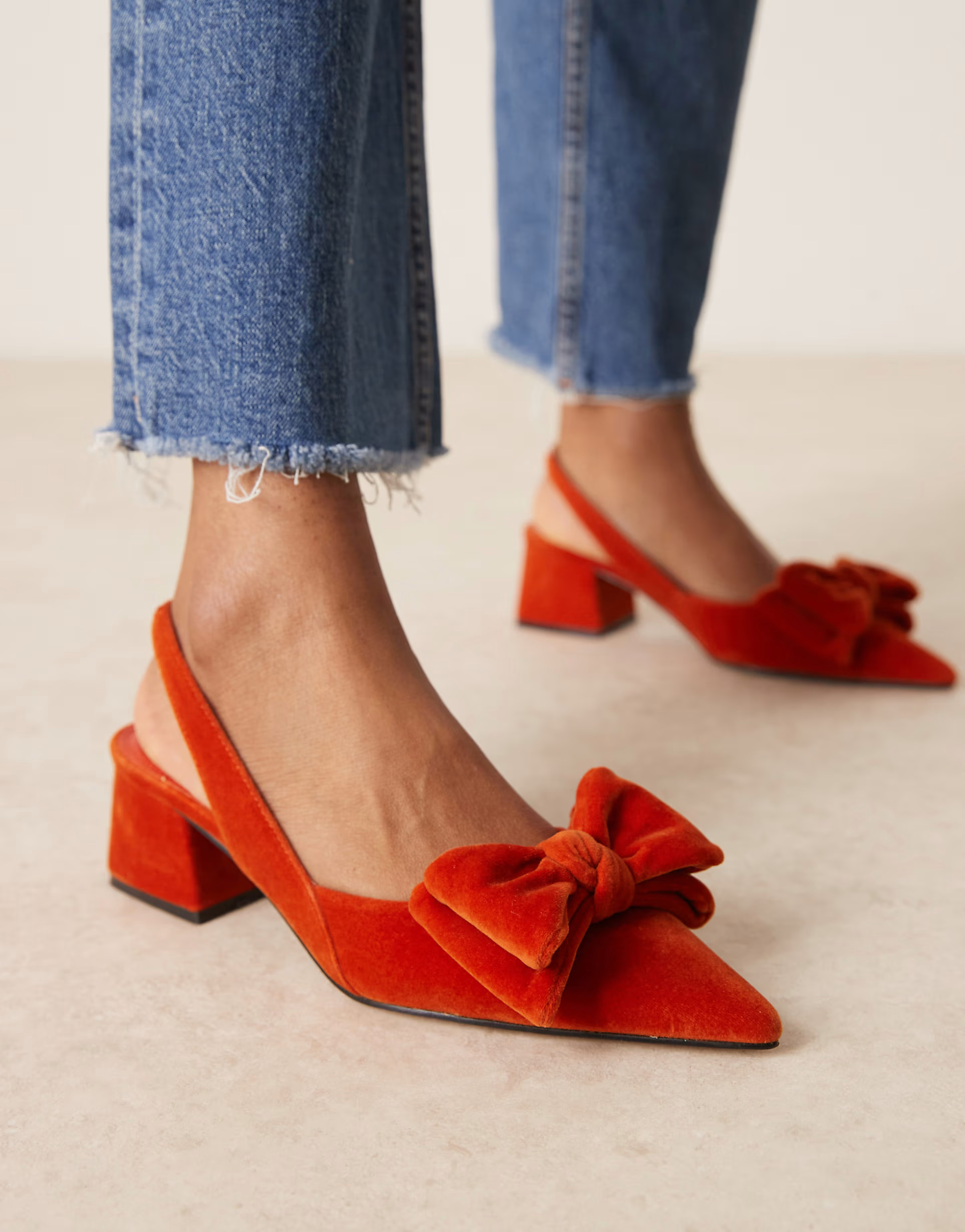 ASOS DESIGN Symphony bow slingback mid block heeled shoes in rust velvet | ASOS (Global)