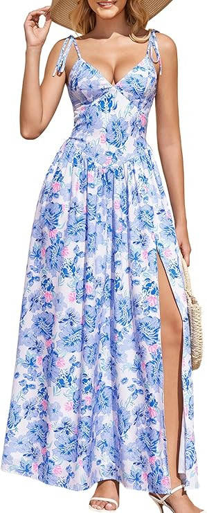 KUTUMAI Floral V Neck Slit Maxi Dress Lace Up Flowy Long Sundress Boho Summer Beach Wedding Guest... | Amazon (US)