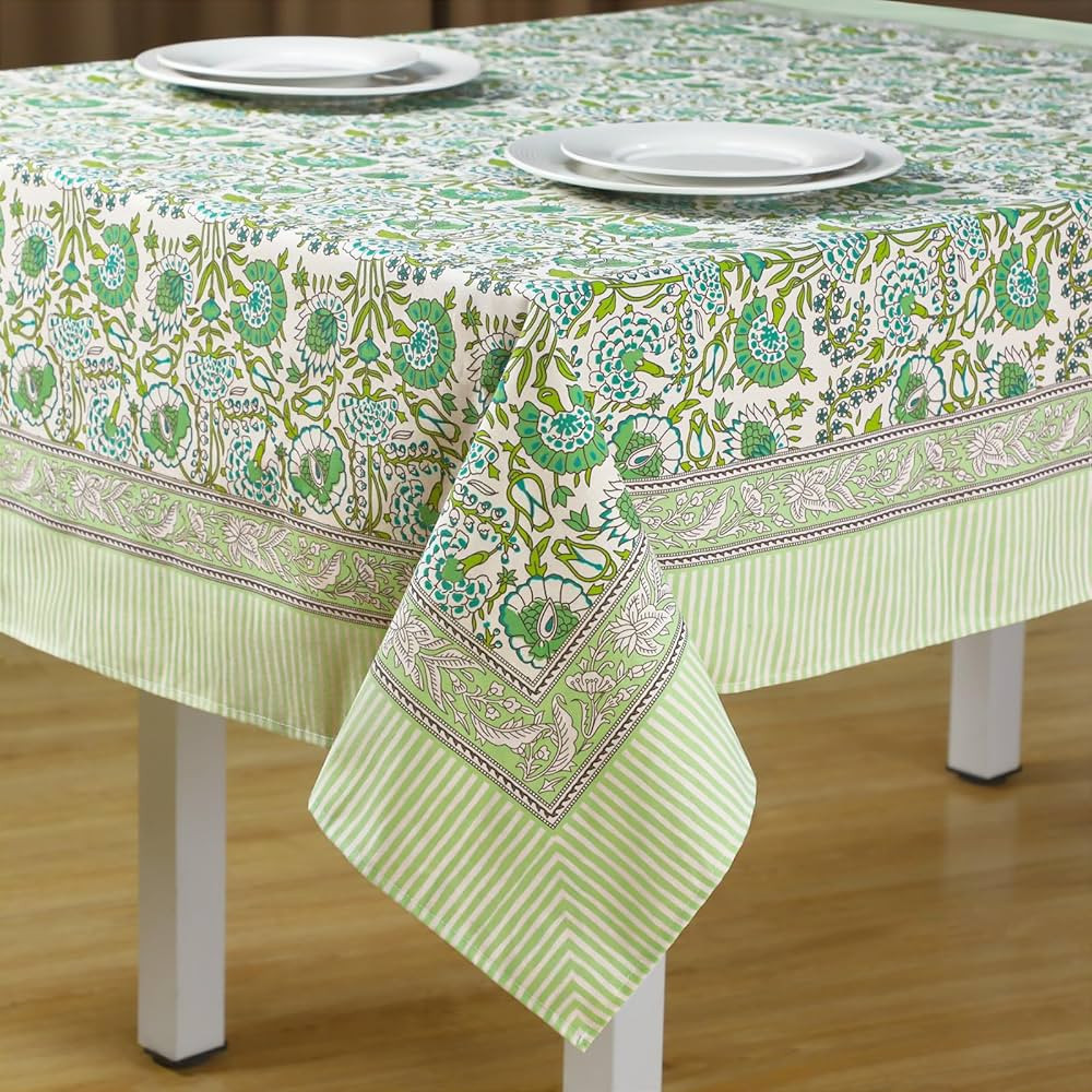 60'' x 60'' Agate Green Cotton Tablecloth Handmade Indian Block Print Floral Tablecloth Dust Proo... | Amazon (US)