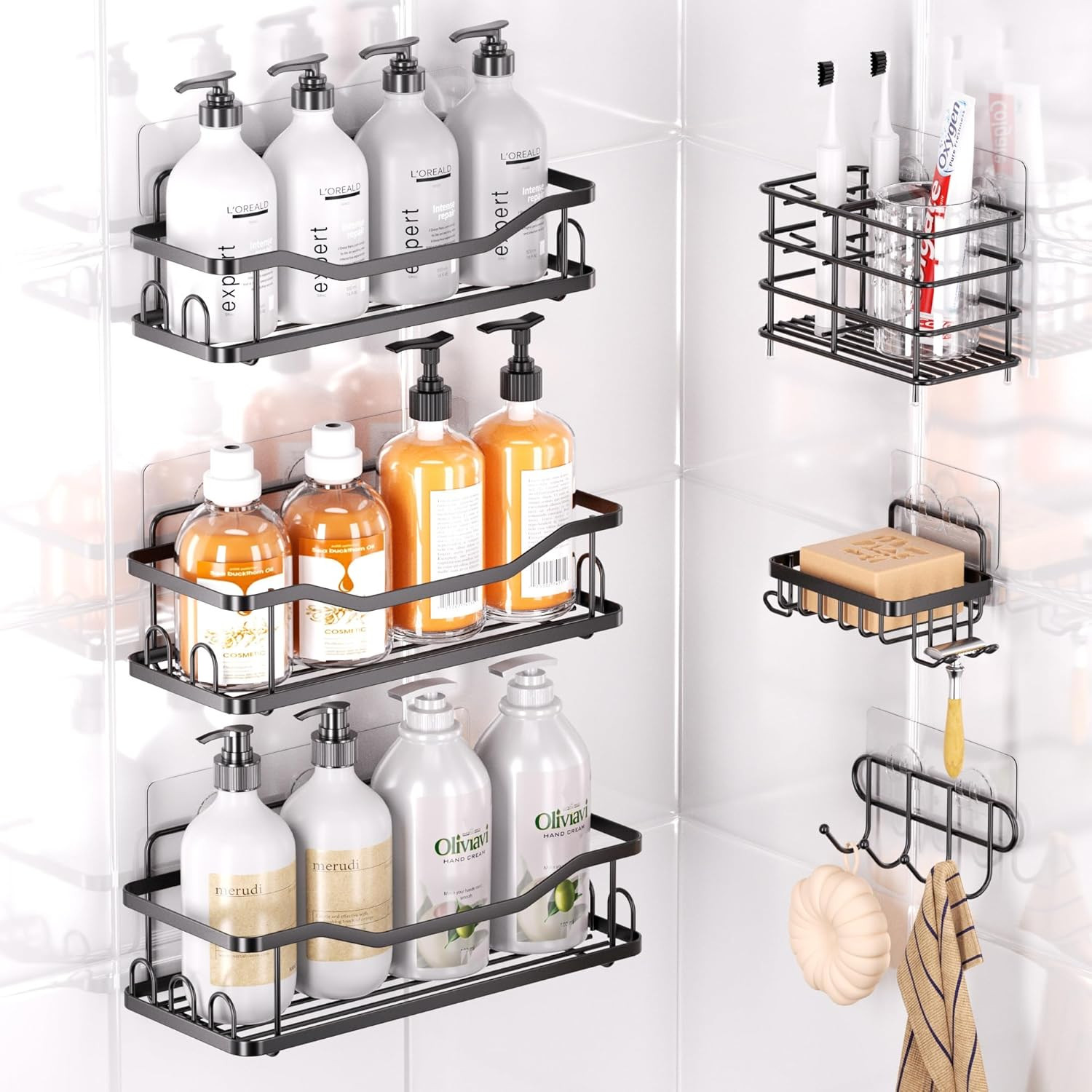 Shower Caddy, 6 Pack Adhesive Shower Organizer, Rustproof Stainless Steel Bathroom Accessories Or... | Amazon (US)