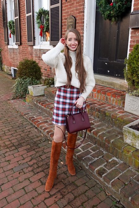 Winter plaid 💛 winter workwear outfit 
.
Plaid skirt cream mock neck sweater brown knee high boots 

#LTKworkwear #LTKSeasonal #LTKstyletip