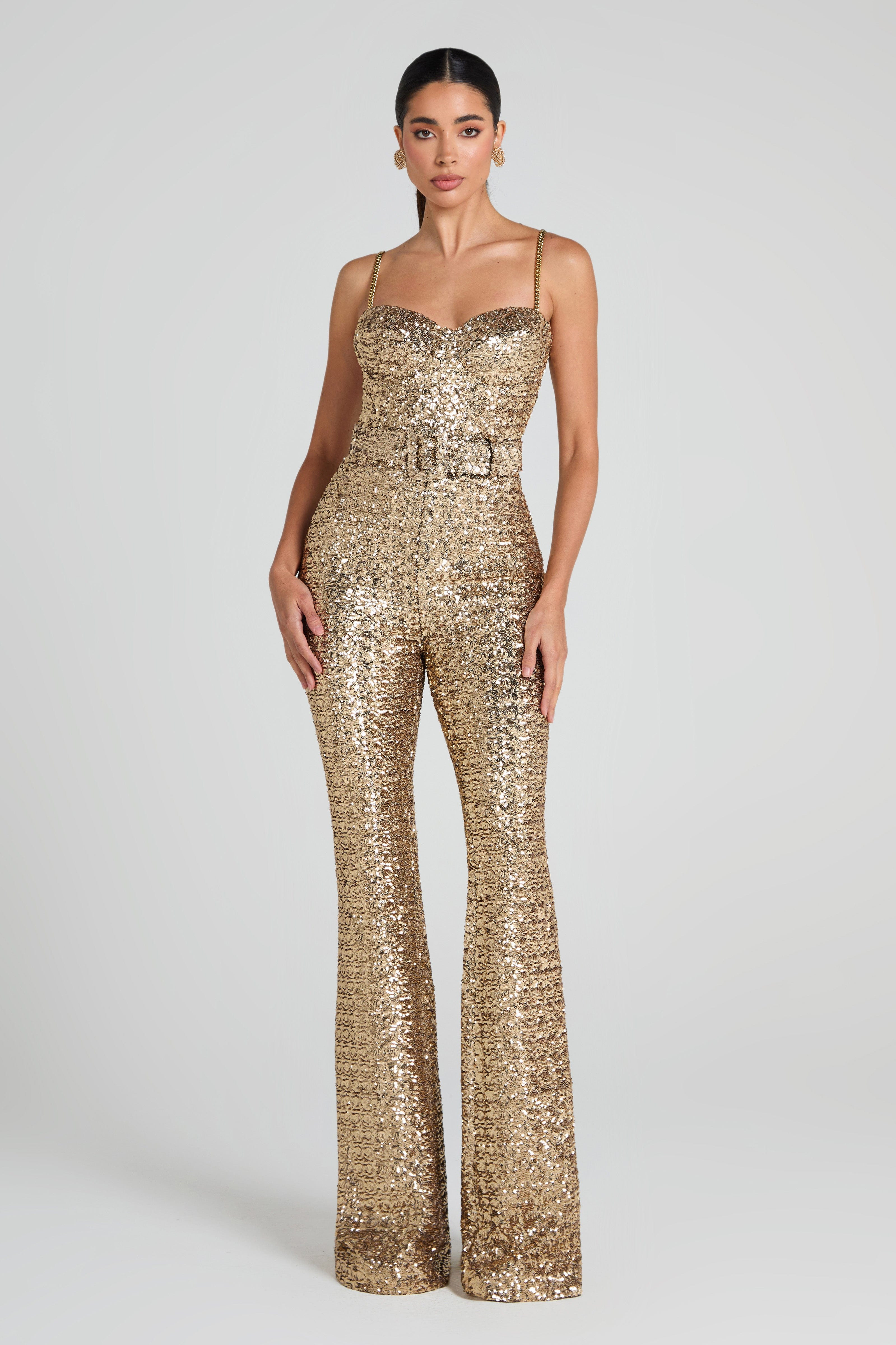 LUCINDA Gold Jumpsuit | Gold Sequin Jumpsuit | NADINE MERABI | Nadine Merabi