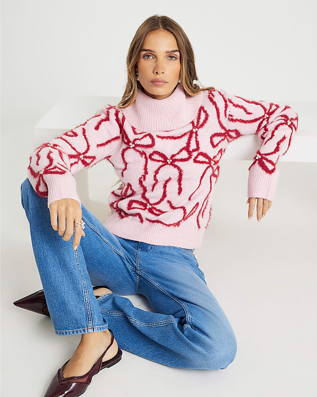 Pink Roll Neck Bow Pearl Jumper | River Island UK & IE