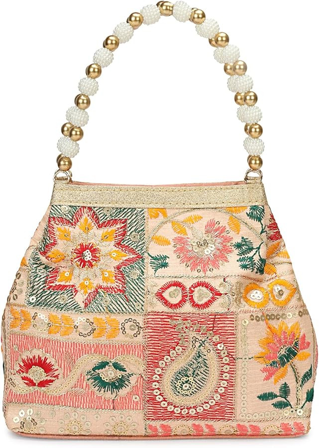 Embroidered Floral Potli Bag with Pearl Beaded Handle, Multicolor Patchwork Design, Gold Trim, 22... | Amazon (US)