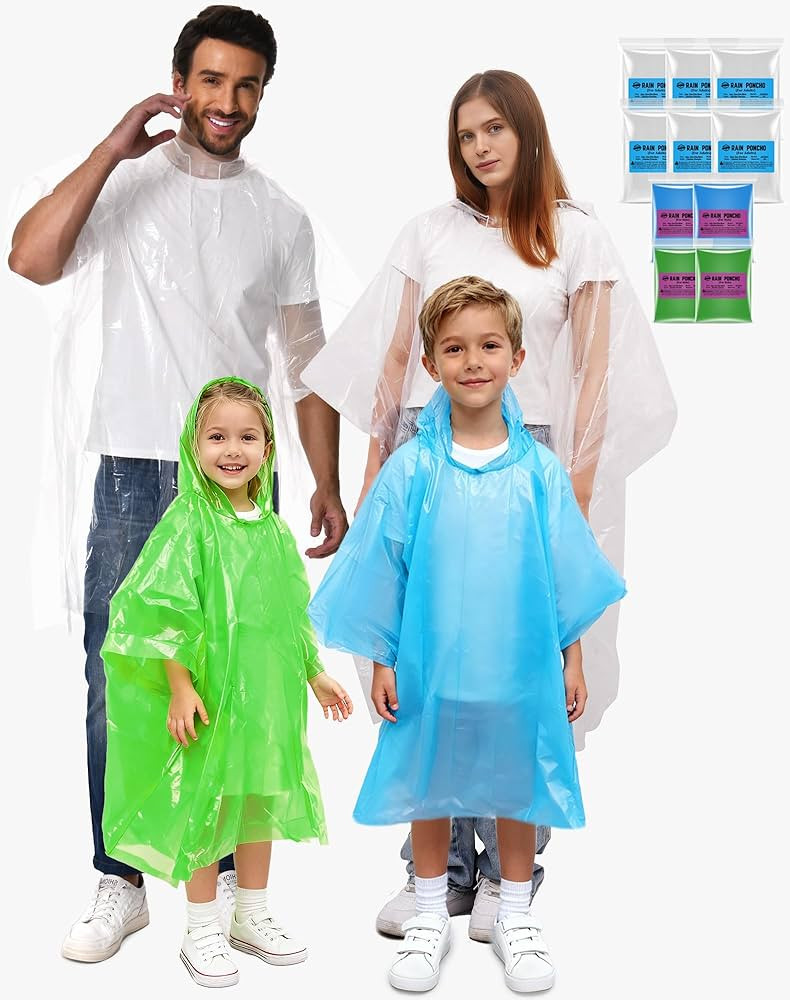 Disposable Rain Poncho Family 10 Pack for Adults & Kids with Hood - 2X-Thicker for Theme Parks, T... | Amazon (US)