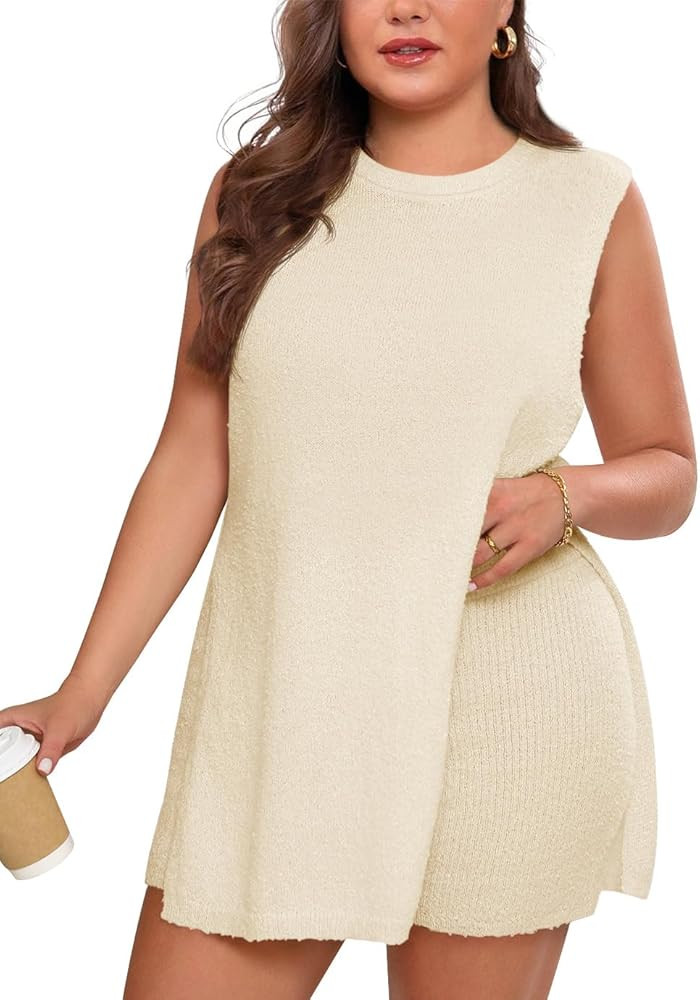 Beautife Womens Plus Size Sweater Sets Sleeveless Knit Tank Tops Matching Shorts 2 Piece Travel V... | Amazon (US)