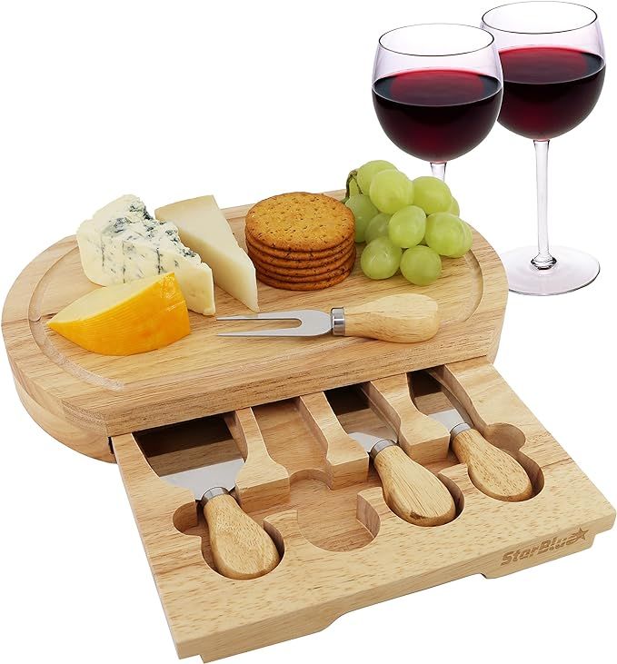 Cheese Board Set by StarBlue - with 4 Knives and Slide Out Drawer | Large Oak Wooden Cheese and P... | Amazon (US)