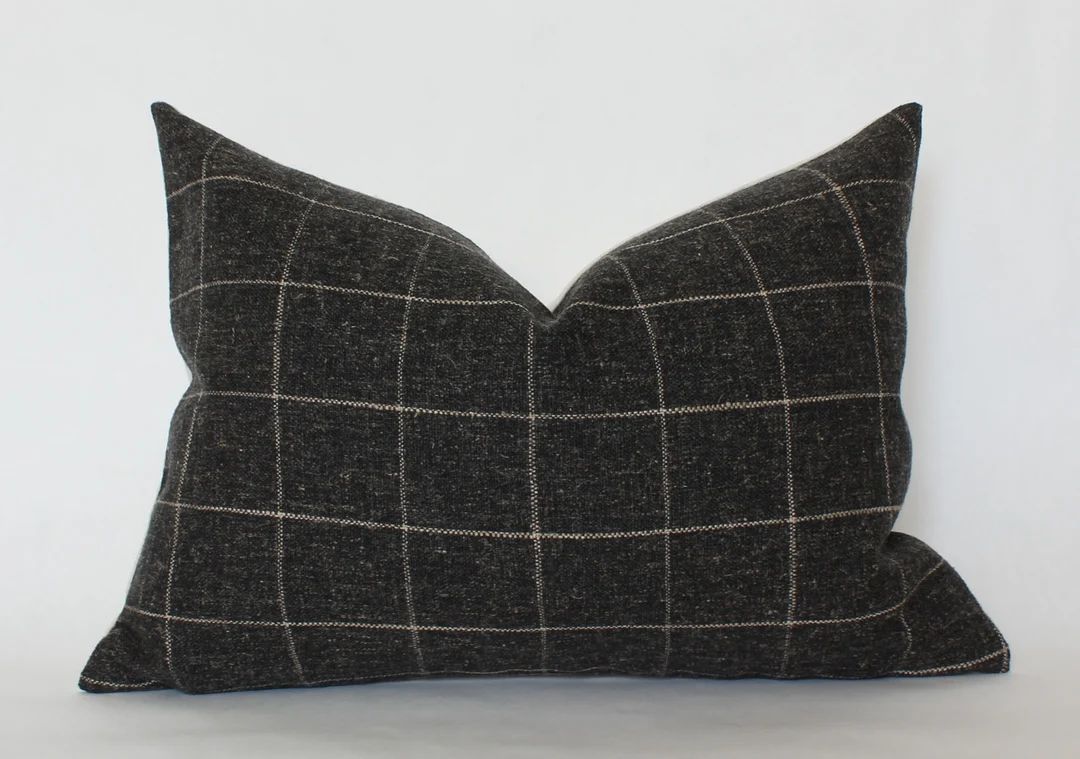 Charcoal Lumbar Pillow Windowpane Pillow Cover Black Lumbar - Etsy | Etsy (US)