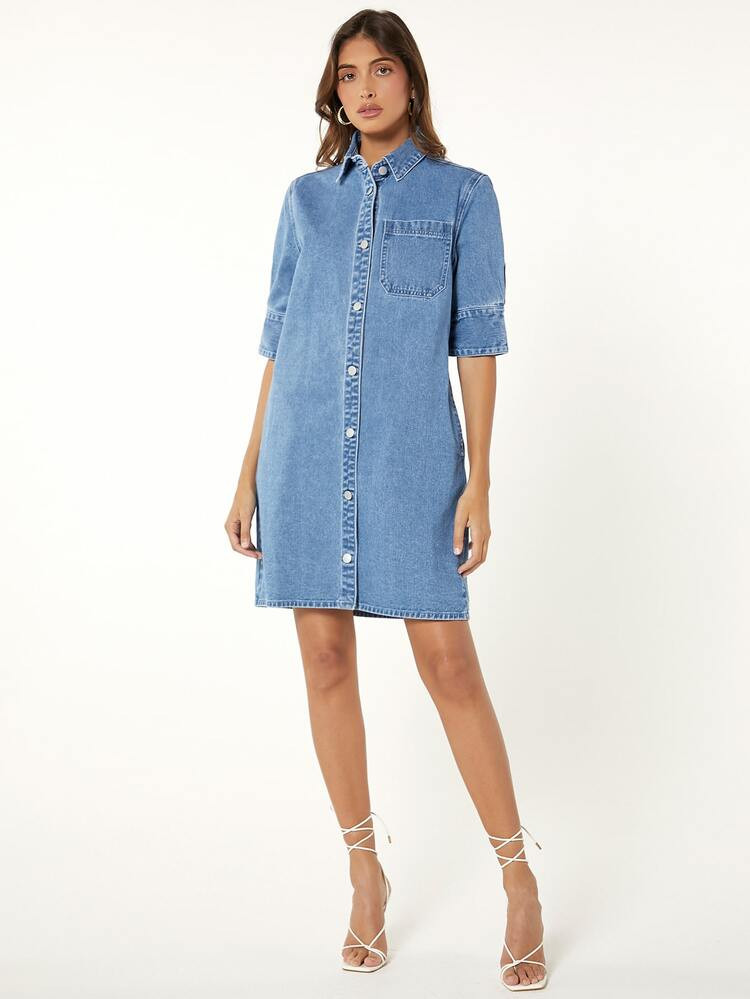 SHEIN BLUES Patched Pocket Denim Shirt Dress | SHEIN
