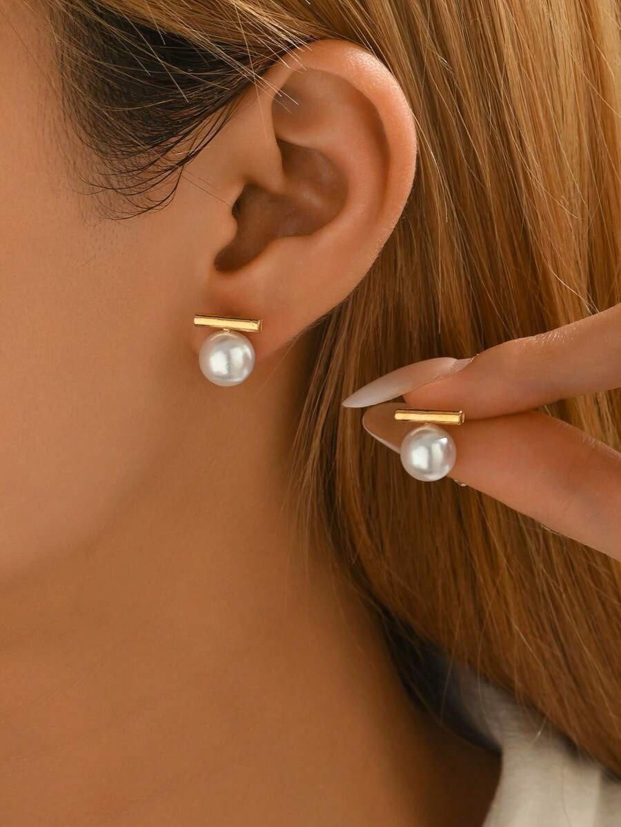 1 Pair Delicate Imitation Pearl Stud Earrings, Minimalist Design Earrings With Elegant Nature-Ins... | SHEIN