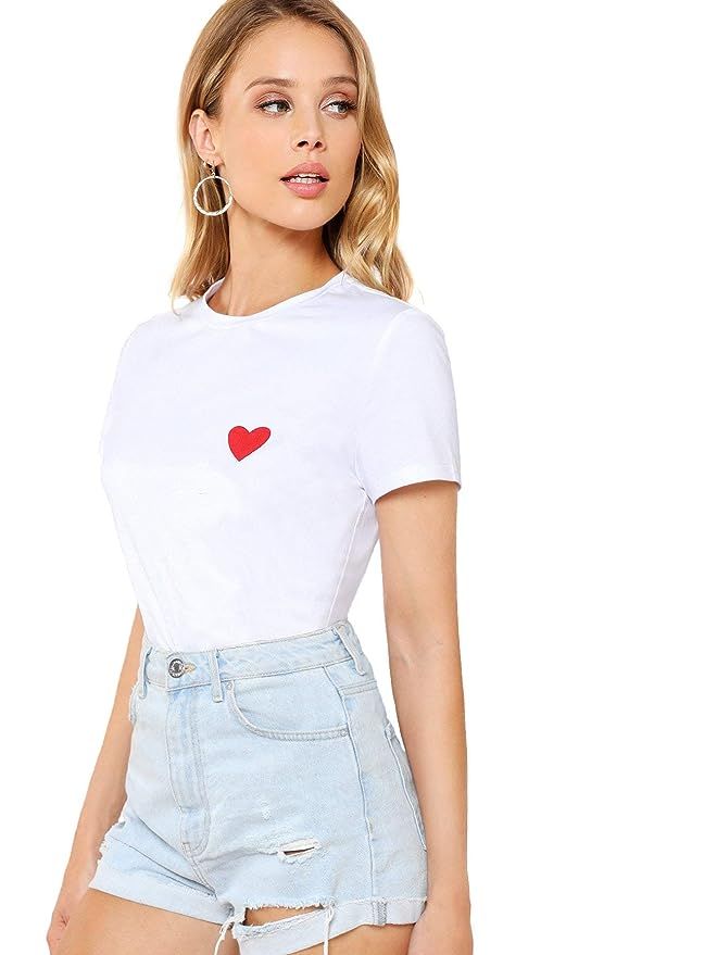 SheIn Women's Round Neck Short Sleeve Heart Print Casual Tee T-Shirt | Amazon (US)