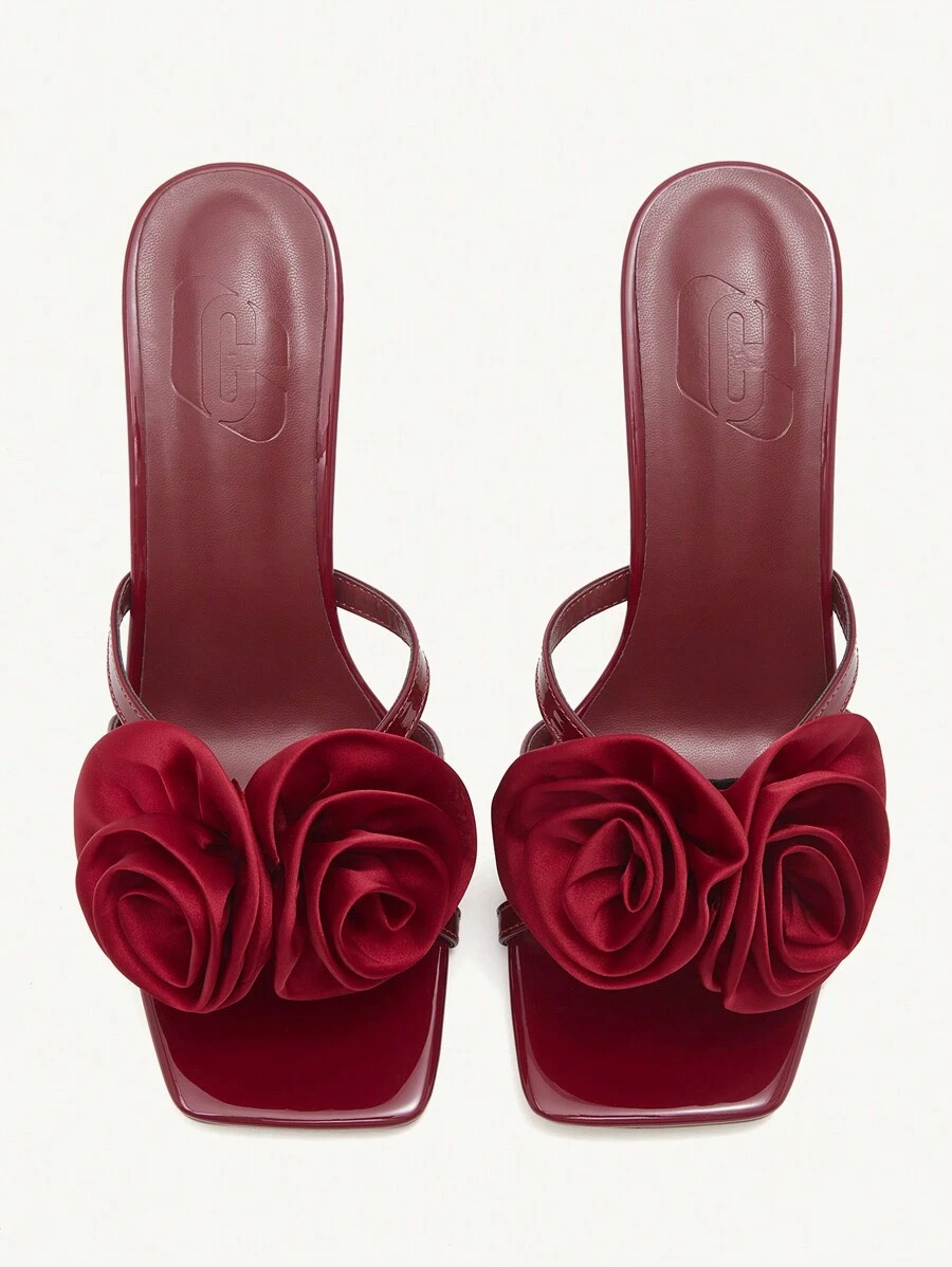 CUCCOO CHICEST 2pcs Rose Decor Strappy Square Toe Stiletto Heel Elegant Romantic Sweet Wine Red W... | SHEIN