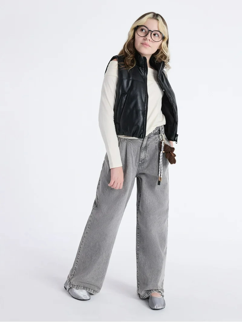 Weekend Academy Girls Wide Leg Pleated Denim Jeans, Sizes 5-18 | Walmart (US)