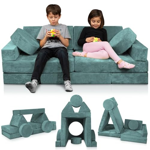 Lunix LX15 14pcs Modular Kids Play Couch, Child Sectional Sofa, Fortplay Bedroom and Playroom Furniture for Toddlers, Convertible Foam and Floor Cushion for Boys and Girls, Teal Blue | Amazon (US)