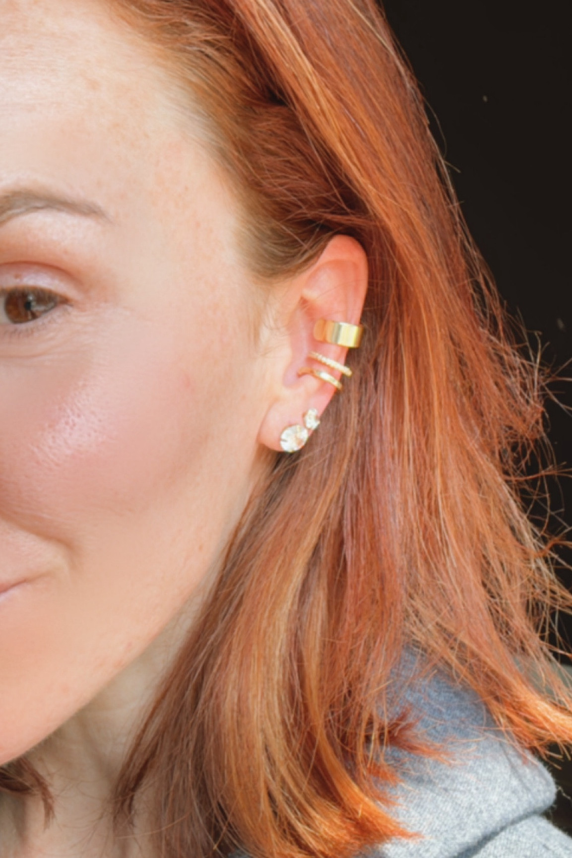 Earring stack 
Styled ears 
Amazon earrings 