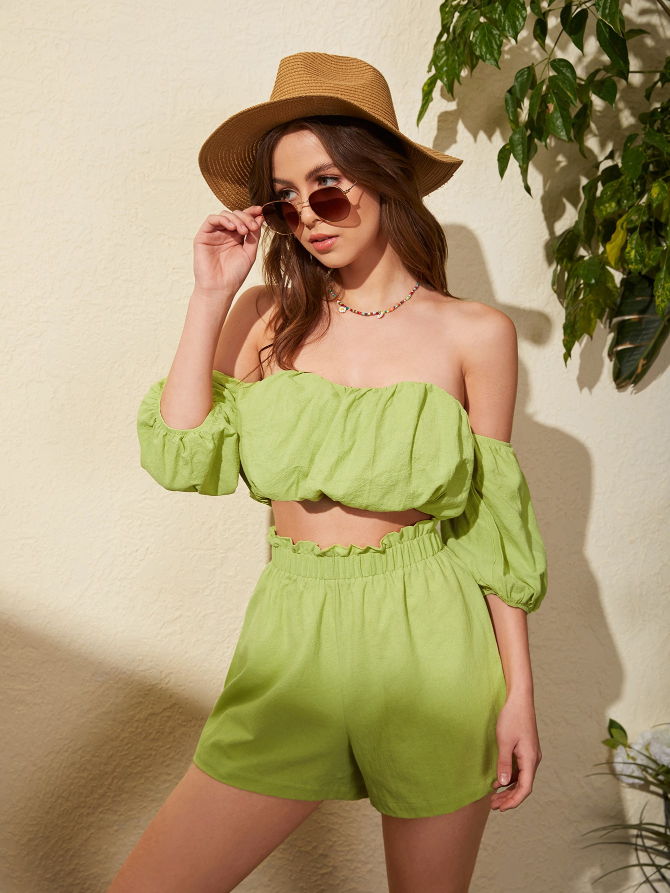 SHEIN Off Shoulder Puff Sleeve Top & Paperbag Waist Shorts | SHEIN