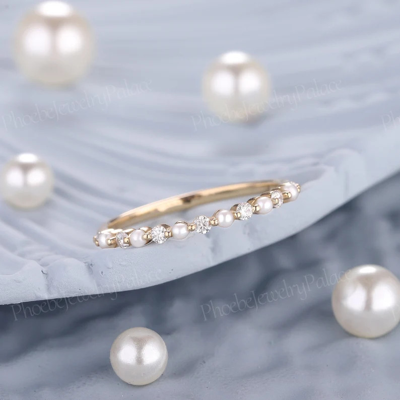 Dainty Natural Pearl Moissanite Diamond Cluster Wedding Band Ring Solid Gold Stacking Rings for W... | Etsy (Global)