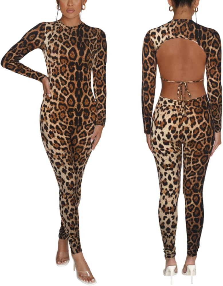 Womens Jumpsuit Long Sleeve One Piece Jumpsuits Leopard Print Sexy Backless Bodycon High Waisted ... | Amazon (US)