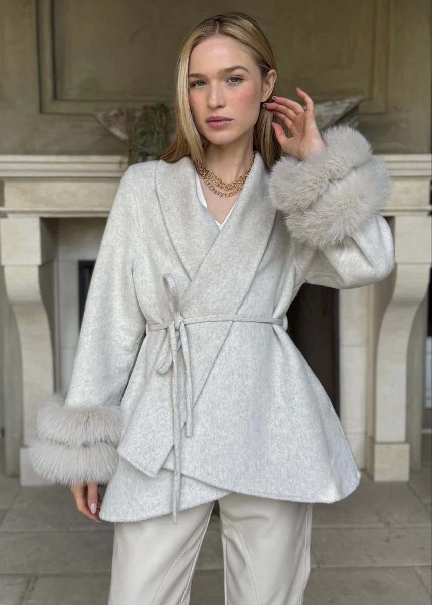 Elsie Light Taupe Wool Cardigan Coat with Detachable Fur Cuffs | Benaar La