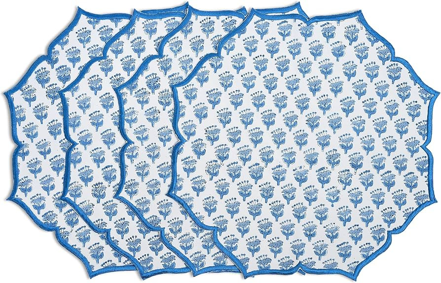 CPC Apatite Blue Hand Block Print Cotton Placemat 15x15 Set of 4 Handmade Double Layered, Machine... | Amazon (US)