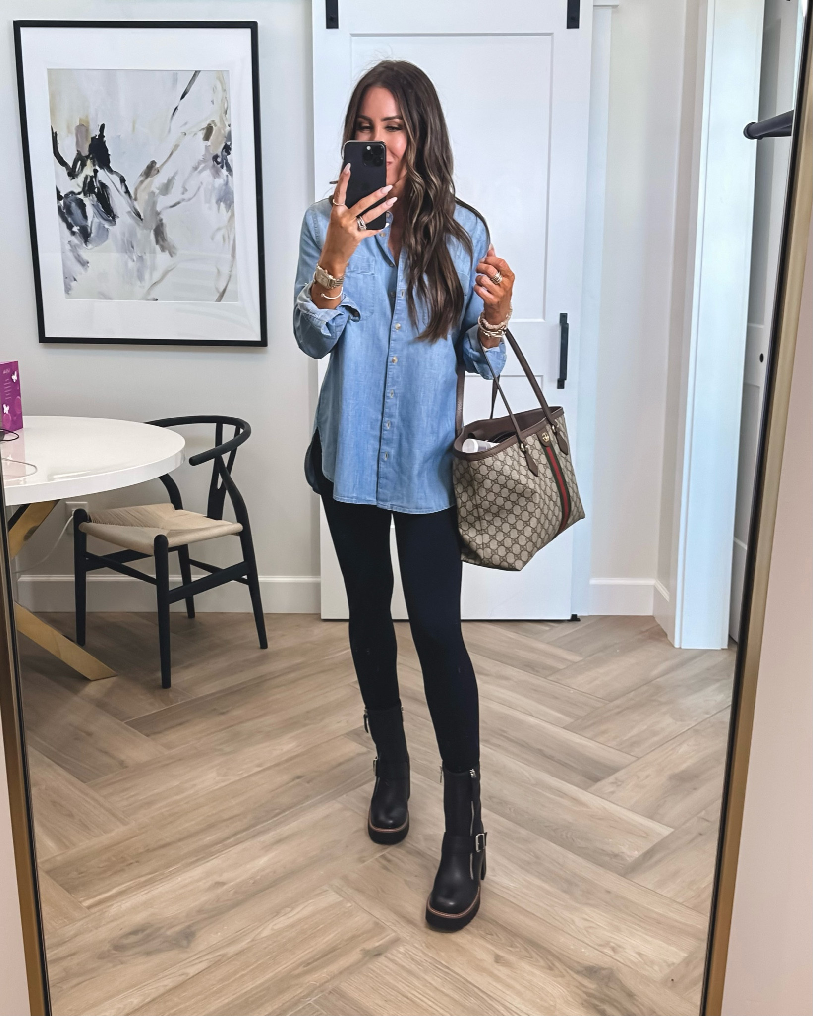 Chambray sz med 
leggings sz small
Fav new black boots also waterproof and tts
Gucci tote
#ltkfind

#LTKitbag #LTKxNSale #LTKstyletip