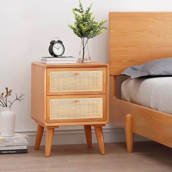 Japandi Natural Rattan Nightstand Solid Wood Bedside Table with 2 Drawers-Homary | Homary