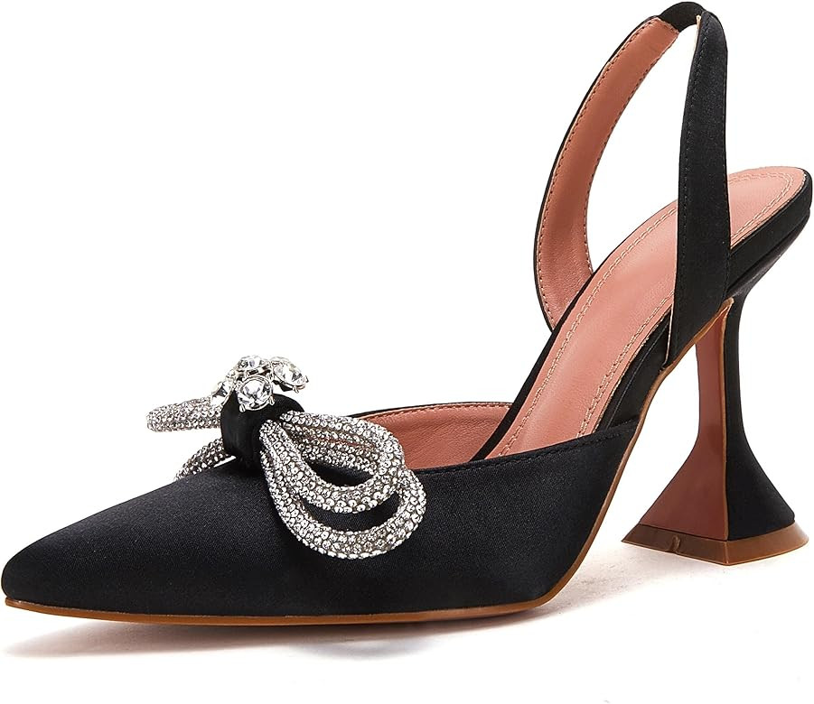 VETASTE Women's Pumps Pointed Toe Double Bow Crystal Slip On Satin Triangle Heeled Party Bride We... | Amazon (US)