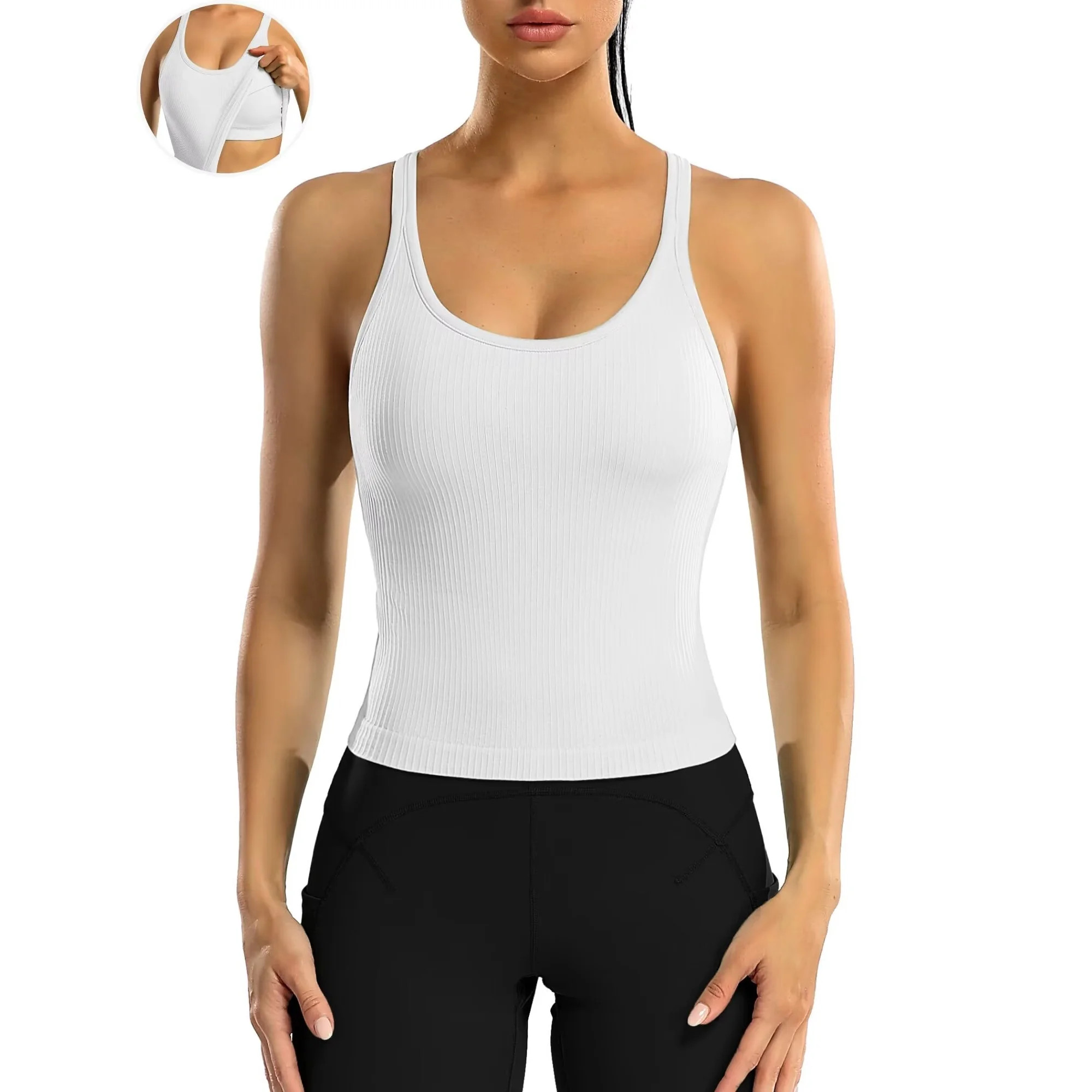 ANFERRY Ribbed Athletic Tank Tops for Women with Built in Bra Racerback Seamless Scoop Neck Worko... | Walmart (US)