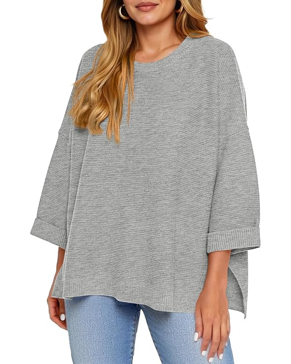 Tankaneo Women's Oversized Sweaters Casual 3/4 Long Sleeve Crewneck Ribbed Knit Split Tunics Fall... | Amazon (US)