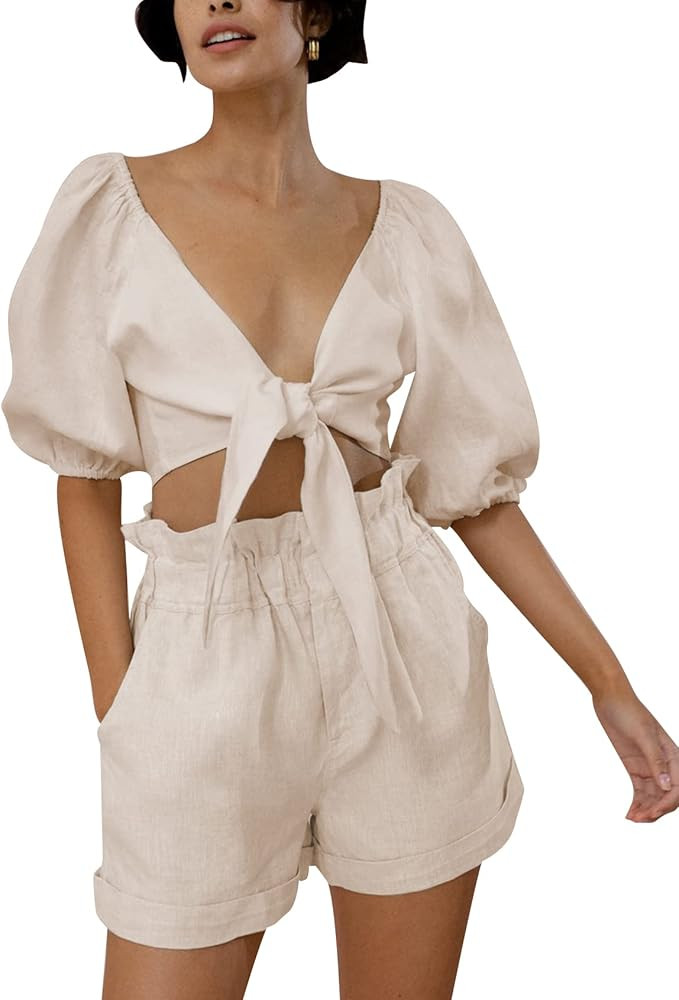 Kissonic Women's Summer 2 Piece Outfits Puff Sleeve Tie Front Crop Top Paper Bag Waist Shorts | Amazon (US)